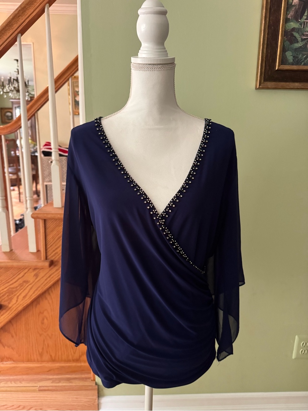 Navy V-Neck Embellished Wrap Blouse